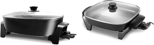 Elite Gourmet 16"x13"x3.2" 10.5Qt Extra Deep Electric Skillet and 12"x12"x2.15” Ceramic Coated Electric Skillet Bundle