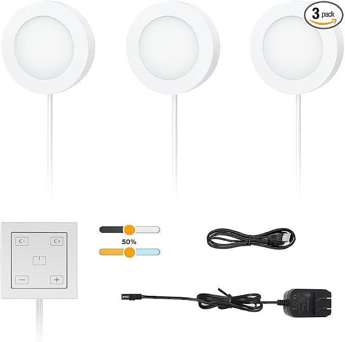 VST Under Cabinet Lights CCT 3000K-6000K, Puck Lights Color Temperature and Brightness Adjustable with Touch Switch and ETL Listed Led Driver, Plug in Led Light for Kitchen Under Cabinet 3pack