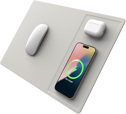 POUT H3 PRO Dual Qi Wireless Charging Mouse Pad – Dual Fast Wireless Chargers for Smartphones and Earbuds – Smooth Surface with Anti-Slip Base for Home and Office Use (Cream Powder)