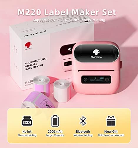 Phomemo M220 Label Maker & 1 Roll Rainbow Gradient Circle Thermal Label, 1.96" x 1.96"（50x50 mm）, Portable Sticker Label Maker Machine for Mailing, Storage, Address, Clothing, Home, Office