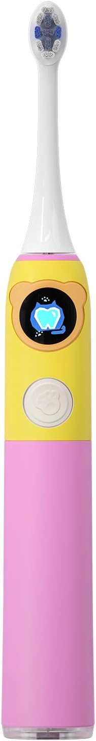 SEAGO Kids Electric Toothbrushes Rechargeable, Sonic Toothbrush with Pressure Sensor, Smart Timer and Silicone Coat, 8 Toothbrush Heads for Ages 3+ Boys Girls (Pink)
