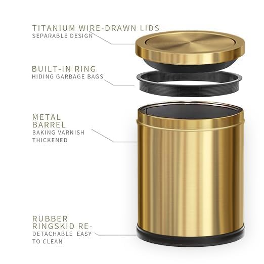 15L/4GAL Gold Bathroom Trash Can, Small Waste Basket with Flipping Lid, Golden Garbage Can for Bathroom,Living Room,Hotel,Office(Singer Gold)