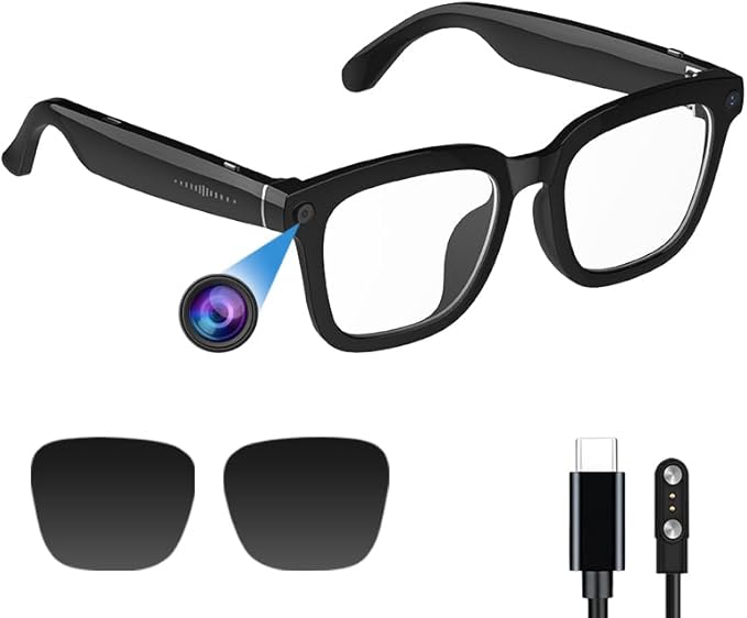 AI smart Camera Glasses: HD 1080P Video Recording and Photo Taking, Translation, Assistant Conversation, Suitable for Outdoor and Indoor, Cycling, Hiking Travel (Transparent Anti-Blue Light)