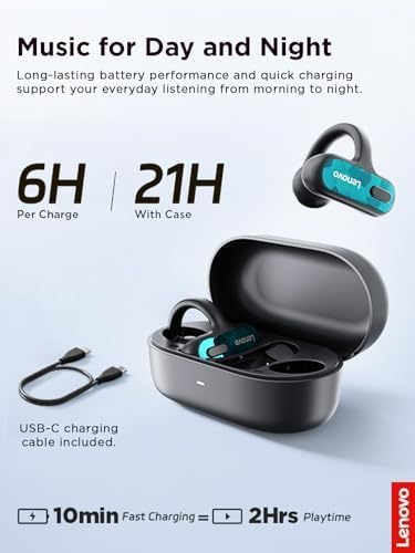Lenovo Open Ear Clip On Earbuds X500 Bluetooth 6.0 Wireless Earbuds with 11 mm Drivers, Open Ear Ergonomic Design, Dual Device Connectivity, Built in Mic, Fast Charge, White