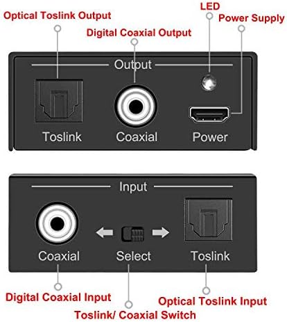 Optical to Coaxial or Coax to Optical Digital Audio Converter Adapter, Bi-Directional Digital Coaxial to/from SPDIF Optical (Toslink) Audio Signal Converter/Repeater