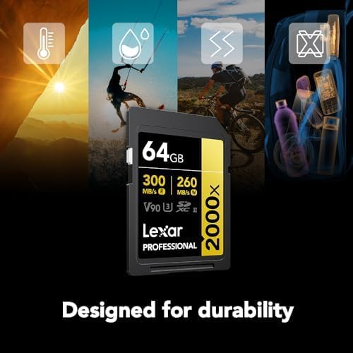 Lexar 64GB Professional 2000x SD Card, UHS-II, C10, U3, V90, Full HD, 8K, Up To 300MB/s Read SDXC Memory Card, for DSLR, Cinema-Quality Video Cameras (LSD2000064G-BNNNU)