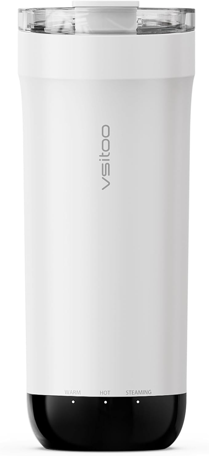 Vsitoo S5 Self Heating Travel Mug 16oz, Rechargeable Coffee Mug with Car Charger Kit, AI Auto-Sensing Temp Control Heated Cup for Home Office Car, App Control, Gift Women Men - White