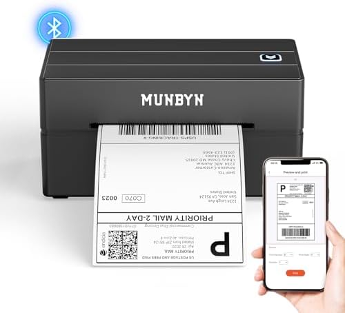 MUNBYN 130B Bluetooth Thermal Label Printer+2 Inch Circle Thermal Sticker Labels+Shipping Label Holder