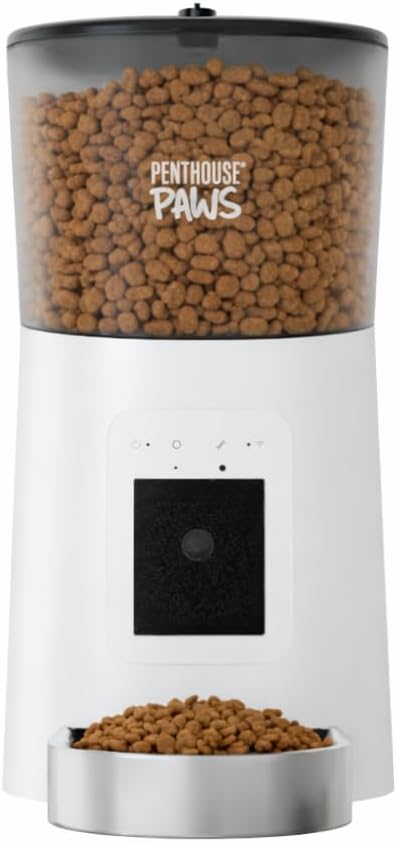 Penthouse Paws Smart HD Pet Feeder, 6L Dry Food Capacity, 1080p Camera, 2-Way Audio, Scheduled Meals, Backup Power, Easy to Clean, Anti-Jam Design for Cat & Dog, White/Stainless Steel