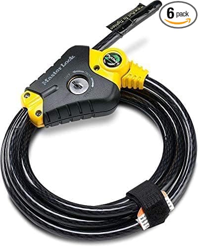 Master Lock Black and Yellow Python Cable Lock-Key, OutdoorLock for Bikes, Trail Cameras, and Other Equipment, 6 Foot Long x 3/8-Inch Diameter, 8413DPF (Pack of 6)