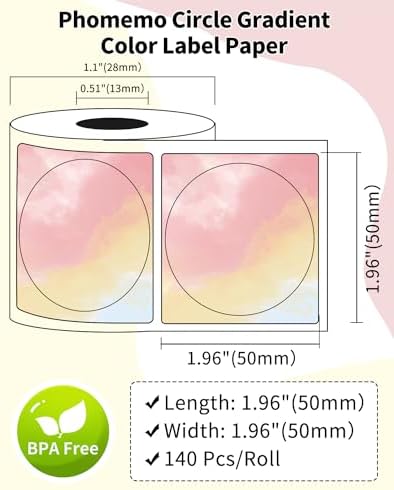 Phomemo M220 Label Maker & 1 Roll Rainbow Gradient Circle Thermal Label, 1.96" x 1.96"（50x50 mm）, Portable Sticker Label Maker Machine for Mailing, Storage, Address, Clothing, Home, Office