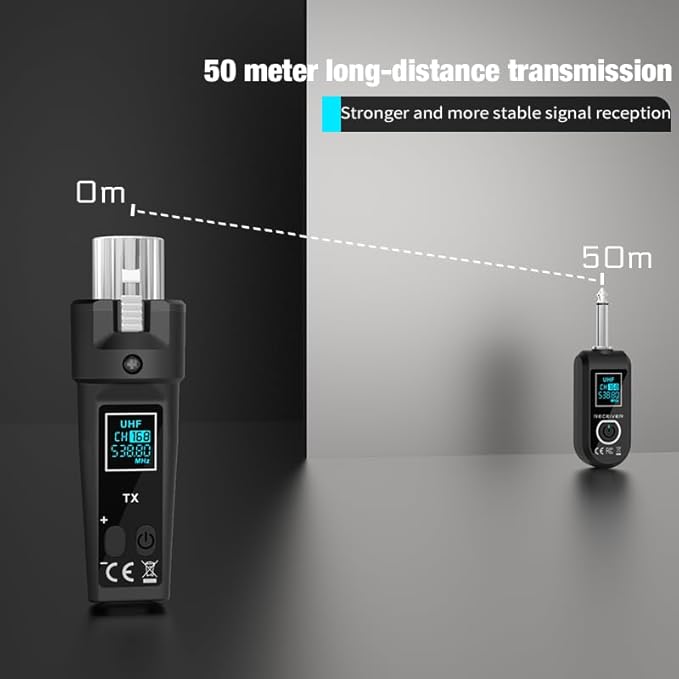 Upgrade 2.4GHZ Wireless XLR Transmitter and Receiver, Built-in Rechargeable Lithium Battery for Dynamic Microphone,Audio Mixer,Electric Guitar Bass (D 1 Receiver + 2 emitter)