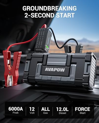 AVAPOW 6000A Car Battery Jump Starter Portable (12V DC Output for All Gas or up to 12L Diesel) & AV-D600 4 Systems OBD2 Scanner
