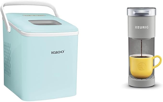 Igloo Automatic Self-Cleaning Portable Electric Countertop Ice Maker Machine with Handle & Keurig K-Mini Single Serve Coffee Maker, Studio Gray, 6 to 12 oz. Brew Sizes