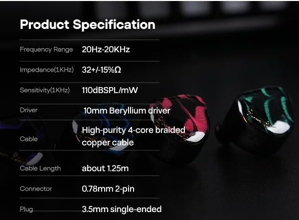 Linsoul Kiwi Ears Cadenza 10mm Beryllium Dynamic Driver IEM 3D Printed with Detachable Interchangeable Plug 0.78 2pin 3.5mm IEM Cable for Musician Audiophile (Purple)