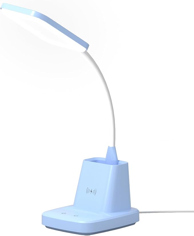 Small Desk Lamp, Blue Desk Lamp with Pen Holder, Wireless Charger LED Desk Lamps for Home Office, 800LM Flexible Arm 3 Modes Dimmable Touch Cute Desk Lamps, Study Lamps for College Dorm Room