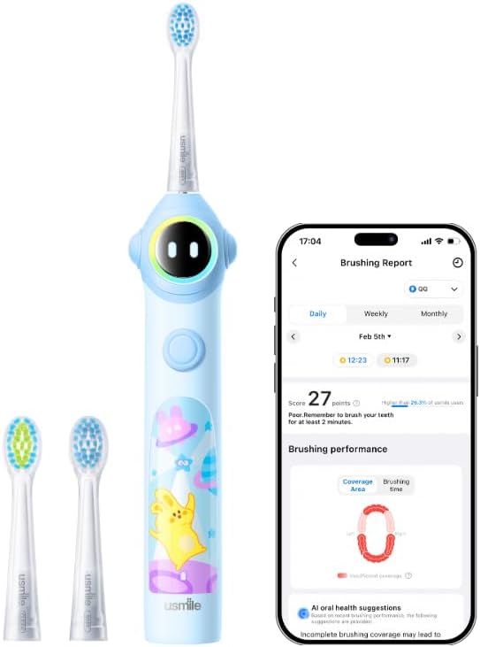 usmile Q30 Kids Sonic Electric Toothbrush, Voice-Guided Full-Mouth Coaching, Missed Spot Alerts & Smart App Reports, Extra-Soft Brush Heads, USB-C Rechargeable, IPX8 Waterproof (Ages 3–12, Blue)