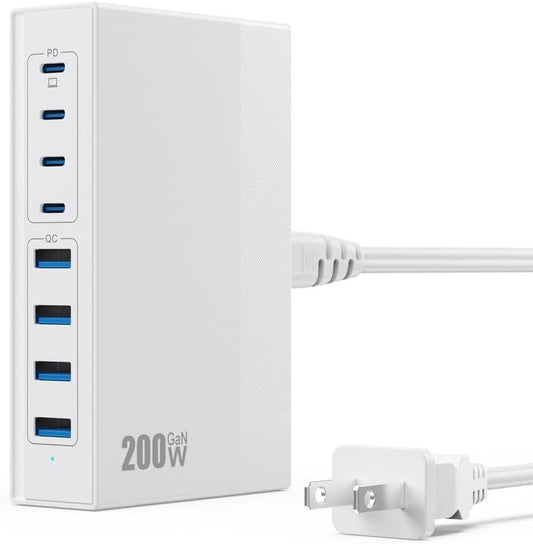 200W USB C Charger Block, 8-in-1 GaN USB C Charger Fast Charging Station Hub, PD 65W Laptop Adapter for MacBook Pro/Air/Dell XPS/iPhone 16/15/14/iPad/Galaxy S24 (White)