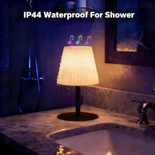 2 Pack Shower Lamp with Speaker IP44 Waterproof, Rechargeable Cordless Table Lamp RGB Color with Remote, LED Battery Operated Lights for Inside/Outdoor Bathroom Night Light Patio
