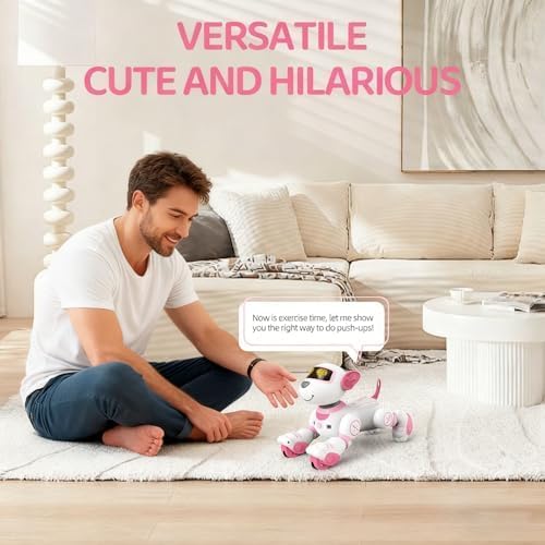 Robot Puppy Dog, Robot Puppy with Dance, Music, Light Effects, Interactive Programmable Intelligent Remote Control Dog AI Toys for Teens Adults Chrismas Birthday (Pink)