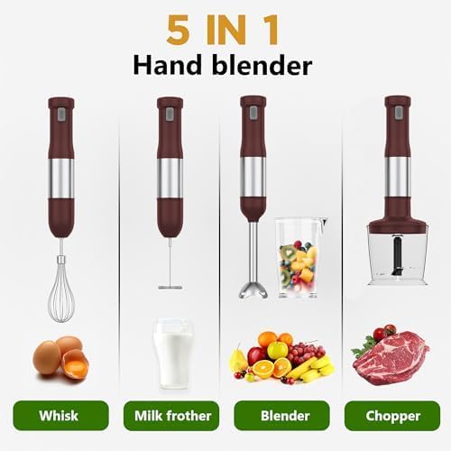 Cordless Immersion Hand Blender, 5-in-1 Variable Speed blender handheld,Rechargeable with 2000mAh Battery, BPA-Free & Dishwasher-Safe Accessories:700ml Beaker,Chopper,Whisk & Milk Frother,Red