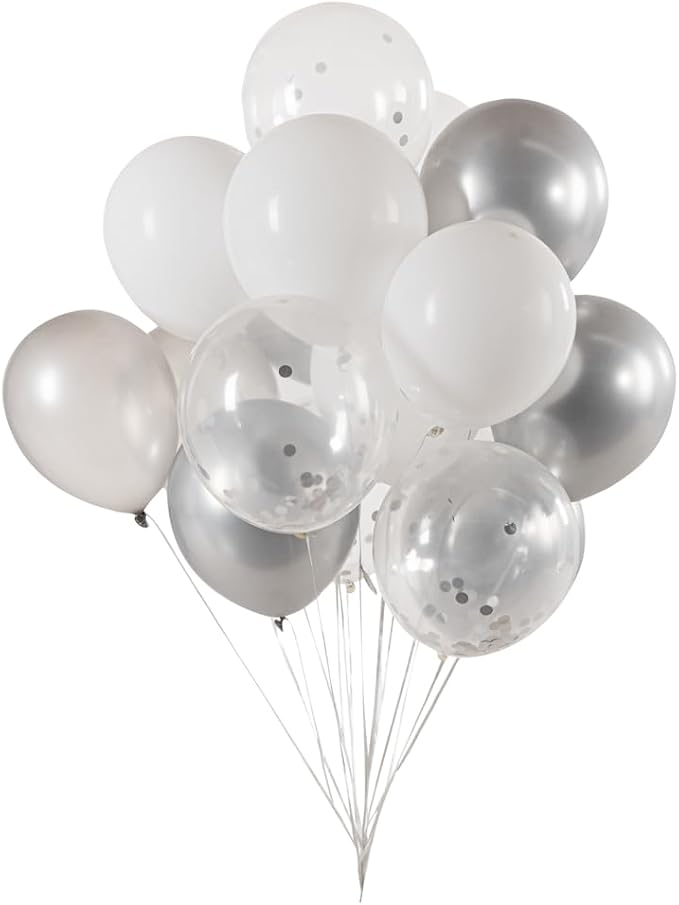Restaurantware Balloonify 12 Inch Confetti Balloons 19 Party Balloons With Confetti Dots - With Ribbon Strong Latex Silver Latex Balloon Set Decorations For Photo Shoot Wedding Or Party