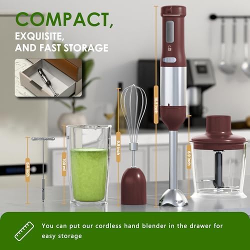 Cordless Immersion Hand Blender, 5-in-1 Variable Speed blender handheld,Rechargeable with 2000mAh Battery, BPA-Free & Dishwasher-Safe Accessories:700ml Beaker,Chopper,Whisk & Milk Frother,Red