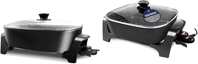 Elite Gourmet Extra Deep 16"x13" and 12"x12" Electric Skillets Bundle with Glass Lids, Adjustable Temp, Nonstick Coating