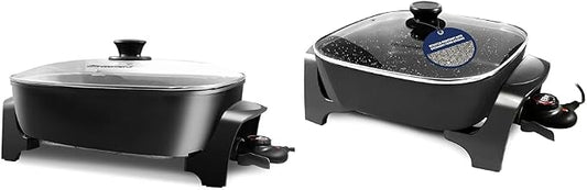 Elite Gourmet Extra Deep 16"x13" and 12"x12" Electric Skillets Bundle with Glass Lids, Adjustable Temp, Nonstick Coating