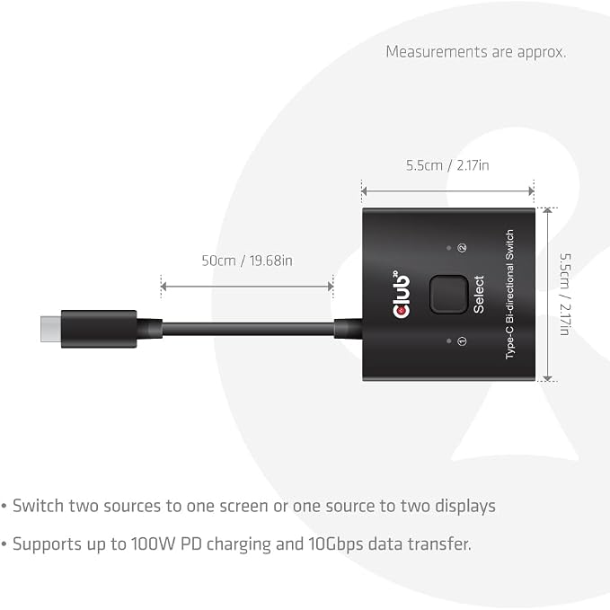Club 3D USB C Switch 8K 60Hz Bi-Directional - 2 Computers to 1 Monitor or 1 PC to 2 Displays - USB-C Video Switch with 100W Power Delivery Passthrough for MacBook Pro, Laptop, Thunderbolt