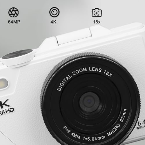 64MP 4K Digital Camera with 18X Zoom and 3 Inch Flip Screen, Auto Focus Compact Digital Camera for Photography and Video, Perfect for Travel Vlogging and Filming