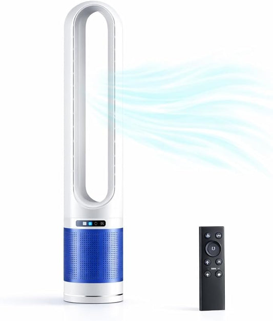 41" Bladeless Tower Fan with Air Filter, 80° Oscillating Standing Fan with Remote Control, 8 Speed Settings, 8H Timer, LED Display Quiet Cooling Fan for Bedroom, Living Room, Office,Blue/White