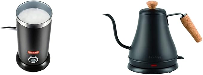 Bodum Bistro Electric Milk Frother (10 Ounce) and Bodum Melior Gooseneck Electric Water Kettle (27 Ounce)