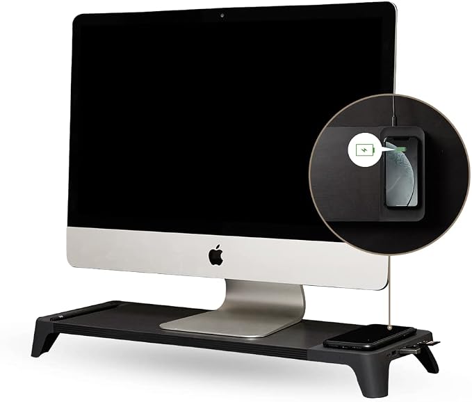 POUT E8 Wood Desk Monitor Computer Stand Riser Shelf + USB HUB + Qi Fast Wireless Charging Charger Pad Mat for Laptop, Apple, iMac, PC, iPhone, Samsung Galaxy, Airpod 2, Buds (Black)