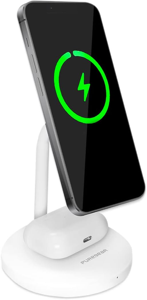 PureGear Duo Magnetic 2-in-1 Wireless Charging Stand, Qi2 Certified 20W 2-in-1 Charging Station, Desk Accessory, Fast Wireless Charging, for iPhone 17/16/15/14/13/12, AirPods, White
