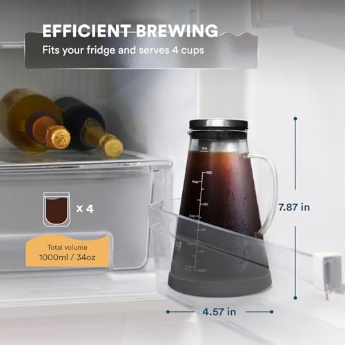 Airtight Cold Brew Iced Coffee Maker 1.0L with Double Wall Single Lip Insulated Glass Cup