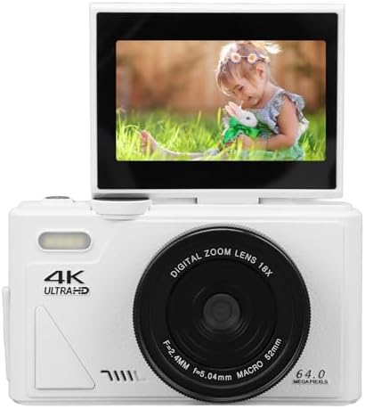 64MP 4K Digital Camera with 18X Zoom and 3 Inch Flip Screen, Auto Focus Compact Digital Camera for Photography and Video, Perfect for Travel Vlogging and Filming