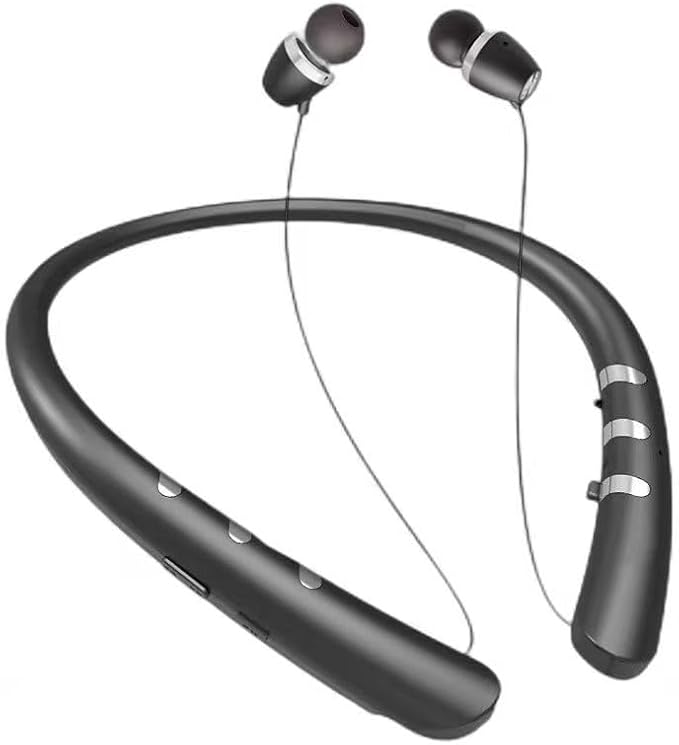 Bluetooth 5.3 Neckband Bluetooth Headphone, Sweat Resistant Noise Cancelling Stereo Headphones, and Retractable Ear Tips for Music, Conference, Videos （Bright Black）