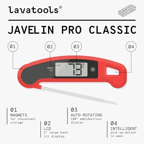 Lavatools Javelin® PRO Classic Ultra-Fast 2-Second Professional Digital Instant Read Meat Thermometer for Grill and Cooking, Auto-Rotating Backlit Display, IP65 Water Resistant, NSF Certified-Crimson
