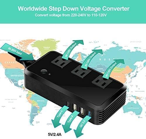 2300W Voltage Converter 220V to 110V Universal Travel Adapter/Power Converte with 3 USB Ports 3 AC Outlets 1 Type-C in EU/UK/AU/US/IT/South Africa More Than 150 Countries Over The World