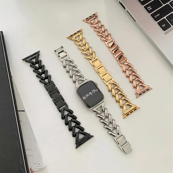 My Pretty Strap - Compatible Apple Watch Band Strap, Stainless Steel Fashion iWatch Replacement Strap- Easy Resizing, No Tool Needed, Fits Most Wrists- Series 1-11, SE and Ultra