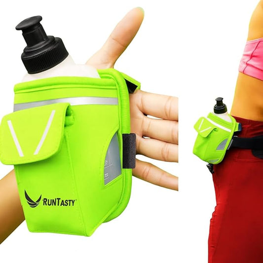 2-in-1 Running Fun – Handheld 12 Oz Water Bottle & Running Belt Add-On – No-Grip Design, Straps on Hand & Slides on Belt, Waterproof Pocket for Money, Keys, Gels – Maximize Time, Freedom & Health
