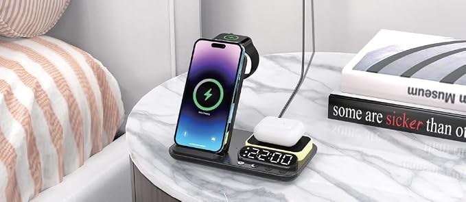 Tron 7-in-1 Wireless Charging Station with Clock, 25W Adapter, Night Light, iPhone/Watch/Earbuds Compatible, for Travel, Home, Office, and Bedroom – TR42
