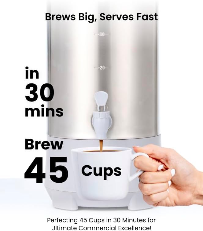 SYBO 45 Cup Coffee Urn, 6L Commercial Stainless Steel Coffee Maker & Hot Water Dispenser, Fast Brewing Percolator with Removable Filter, Easy Clean, Cool-Touch Handles, Catering, Office & Events, Grey
