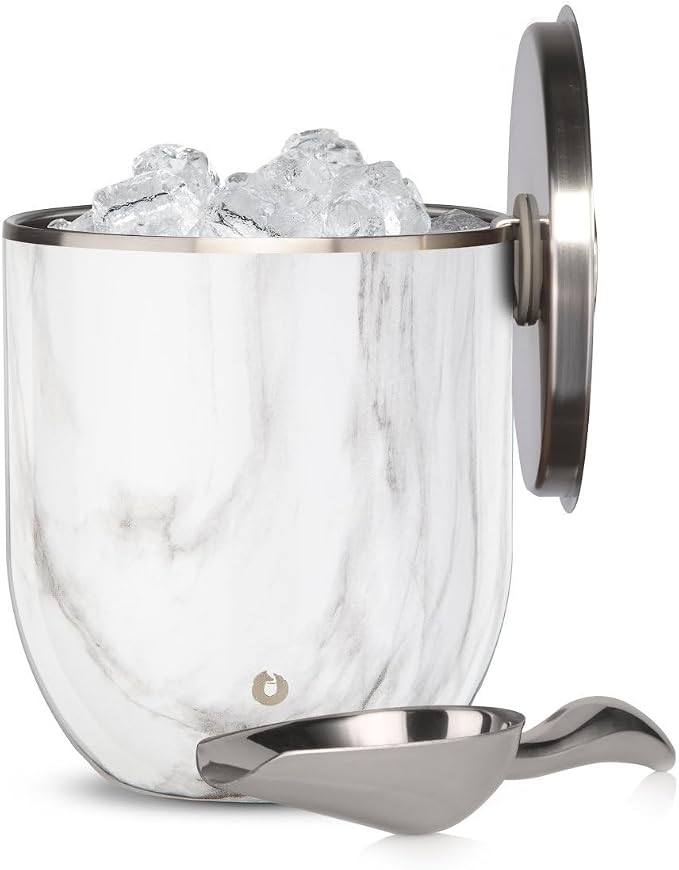 Snowfox Plus, Premium Vacuum Insulated Stainless Steel Ice Bucket with Lid/Scoop,Home Bar Accessories,Elegant Bartending Ice Buckets for Parties,Beautiful Outdoor Entertaining Supplies,3L, Marble