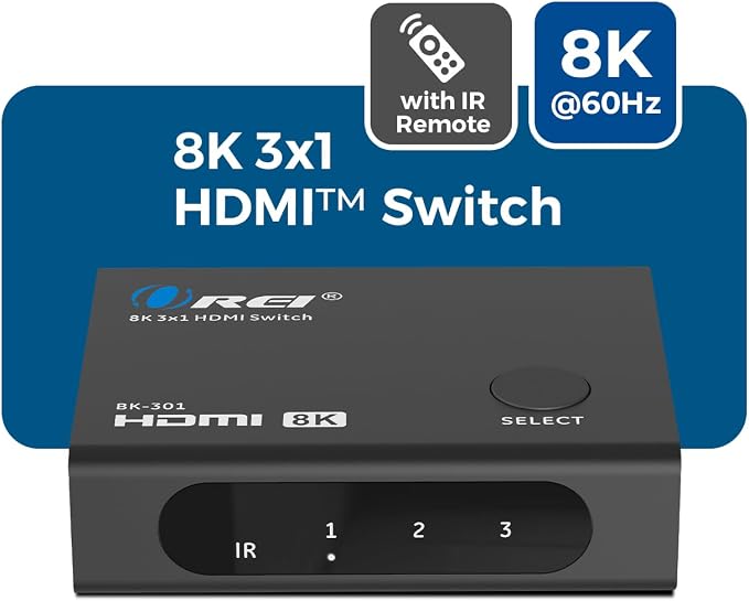 OREI 8K 3-Port HDMI 2.1 Switch, 3-in 1-Out, 8K@60Hz, CEC, HDR, IR Remote