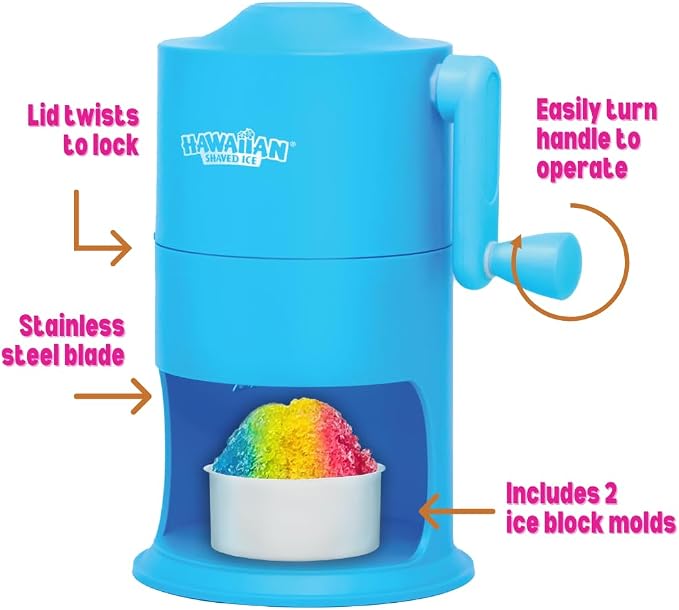 Hawaiian Shaved Ice HomePro Snow Cone and Shaved Ice Machine featuring blade adjustment knob bundled with Hawaiian Shaved Ice Mini Snow Cone Machine - Portable Countertop Ice Shaver with No Slip Base