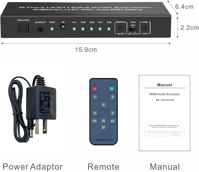 5 in 1 Out 4K@60Hz HDMI Switch Audio Extractor with Optical & 3.5mm Out, HDMI 2.0 Audio Splitter Support HDR 10, HDCP 2.2, 18Gbps, Dolby Vision Atmos, ARC, not eARC