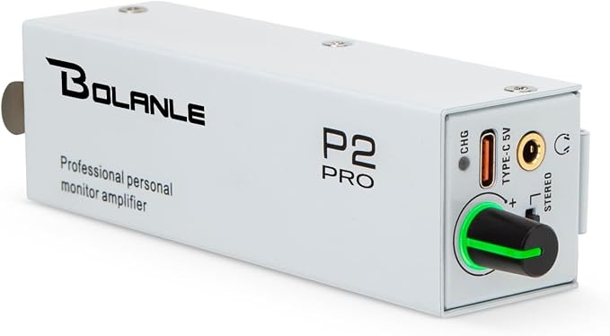 Bolanle P2 USB-C Portable in-Ear Monitor Amplifier, 5V DC/AAA Battery, XLR/TRS Input 3.5mm Output, 7-Color LED, Stereo/Mono Switch for Keyboardists, Drummers, Live Stage