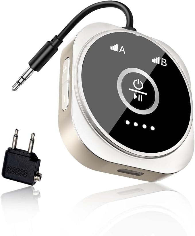 Airplane Bluetooth 5.4 Transmitter Receiver with aptX Low Latency,Supports 2 AirPods or Headphones, 24Hr Playtime, 3.5mm AUX Wireless Audio Adapter for Home Stereo, Travel Flight (Silver)